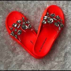 Neon Orange Rhinestone Slides